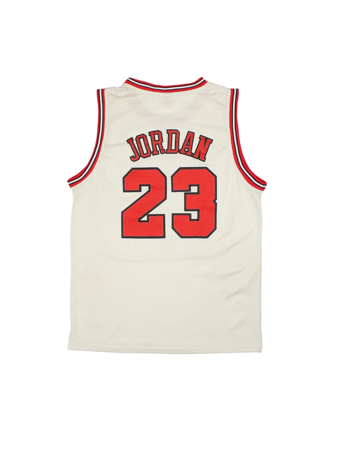 Chicago Bulls 1995-96 Michael Jordan NBA Hardwood Classic Jersey in the tan colourway with red and black trim, features embroidered logos and badge on the front and classic JORDAN #23 on the back.