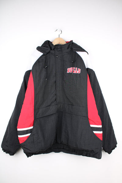 Chicago Bulls red and black insulated 1/4 zip pro sports jacket by Reebok features embroidered logos on the chest and back