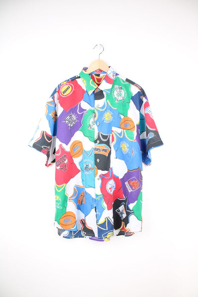 Vintage 90's handmade button up cotton shirt with all over print of NBA jerseys