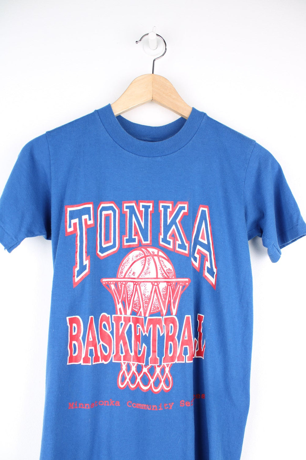 Vintage Tonka Basketball, Minnetonka Community Services T-Shirt in blue and red.