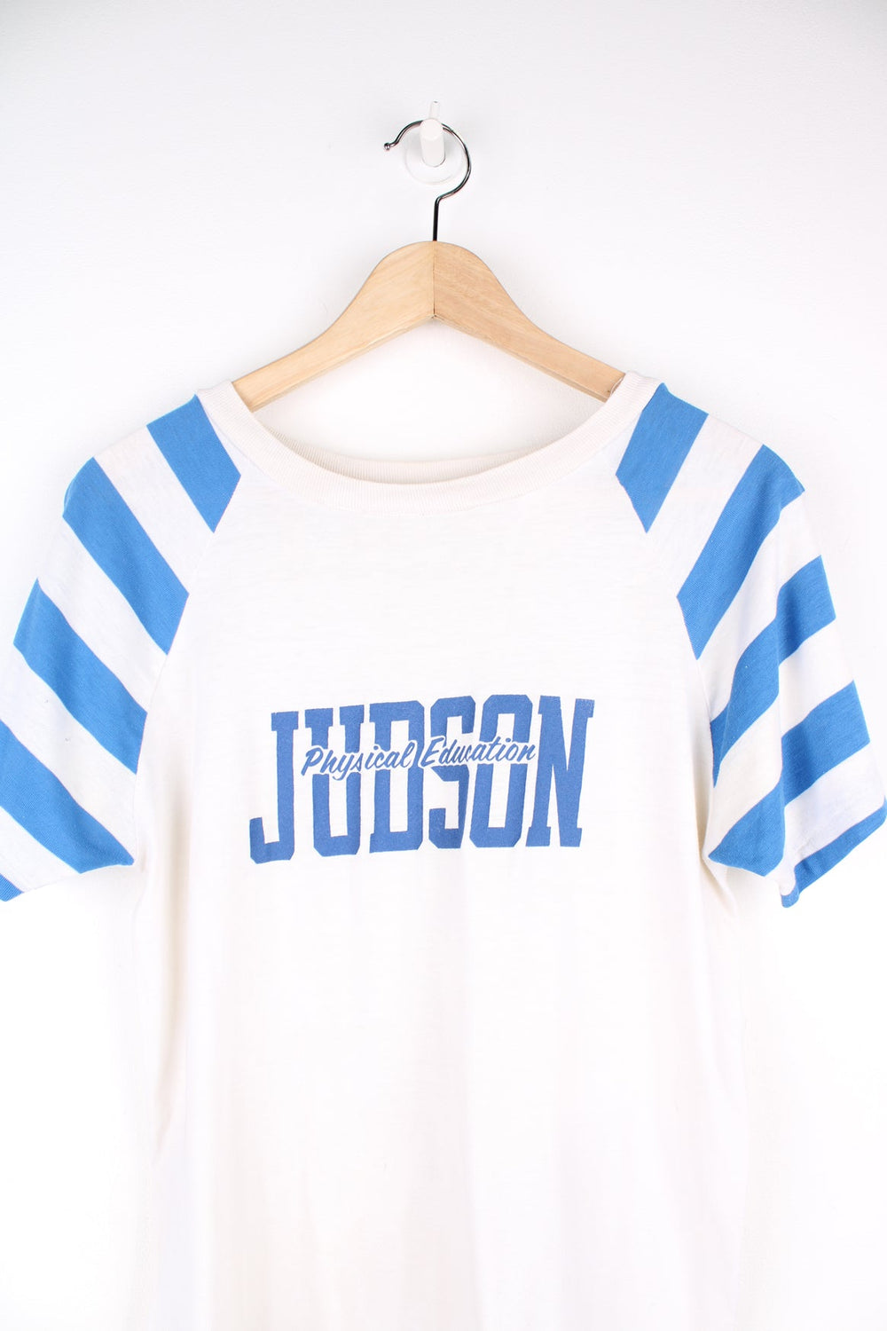 Vintage 70's Judson Physical Education T-Shirt in white and blue.