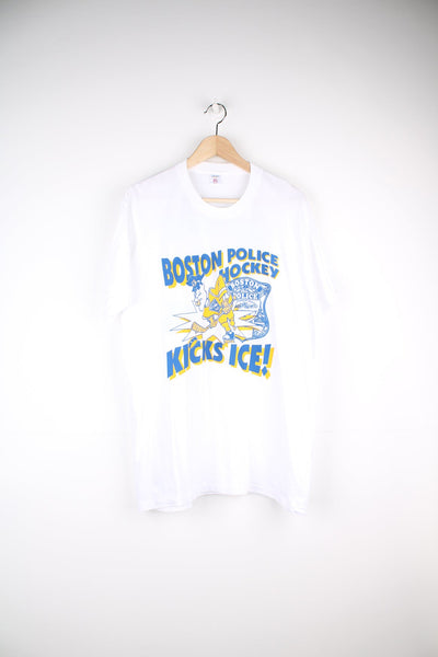 Vintage 90s Boston Police Hockey single stitch T-Shirt with graphic print on the front and back.