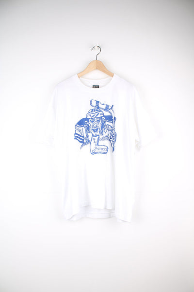 Vintage 90's T-Shirt with blue graphic print on the front and back.