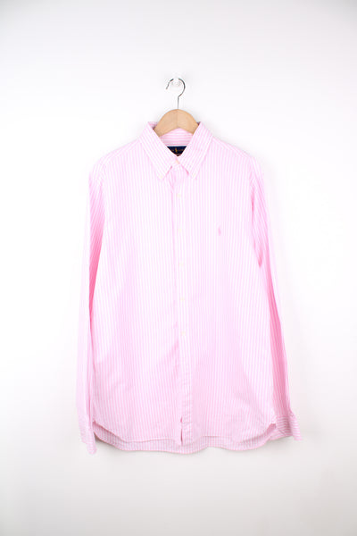 Ralph Lauren baby pink striped button up, slim fit cotton shirt with signature embroidered logo on the chest 