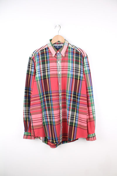Ralph Lauren red large plaid button up cotton shirt features signature embroidered logo on the chest