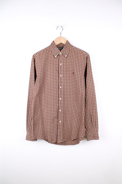 Ralph Lauren burnt orange and green plaid button up shirt with signature embroidered logo on the chest