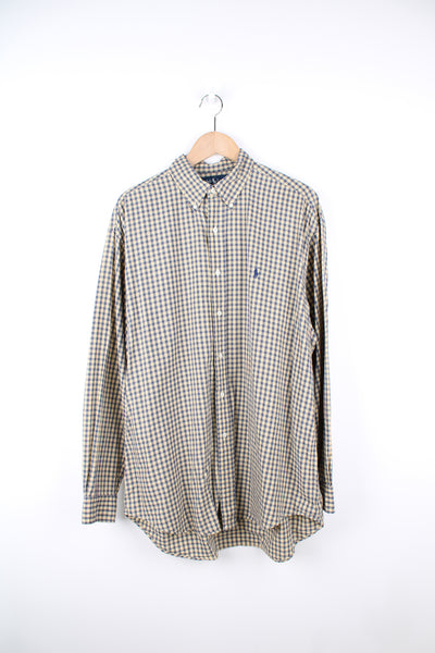 Ralph Lauren yellow and blue plaid button up shirt, features signature embroidered logo on the chest 