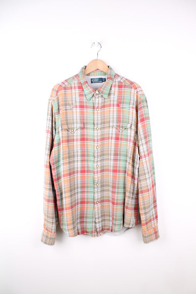 Ralph Lauren green and orange lined button up shirt, features western style yoke and pearl effect popper buttons