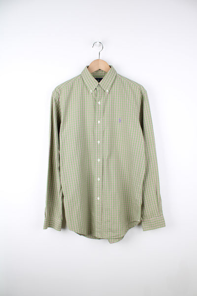 Ralph Lauren green and purple plaid button up shirt with embroidered logo on the chest pocket