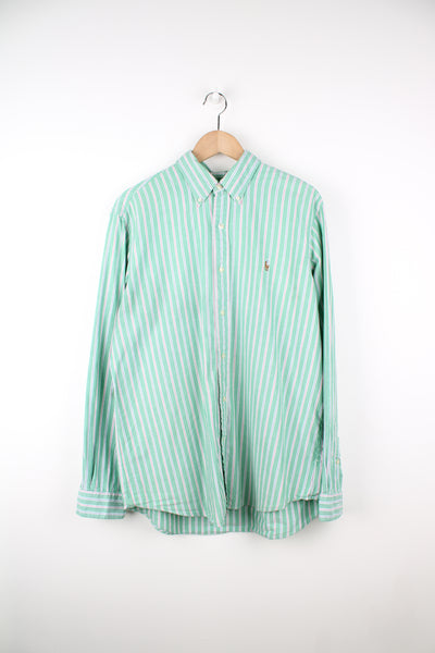Ralph Lauren green striped button up shirt with signature embroidered logo on the chest.