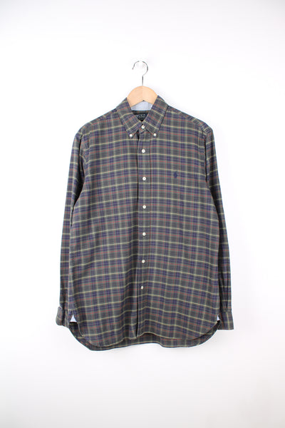 Ralph Lauren khaki green and blue large plaid button up shirt with embroidered logo on the chest pocket