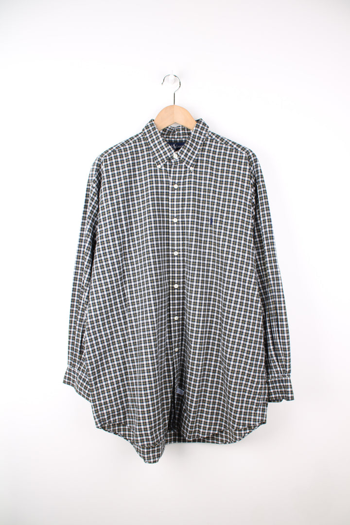 Ralph Lauren khaki green and blue large plaid button up shirt with embroidered logo on the chest pocket
