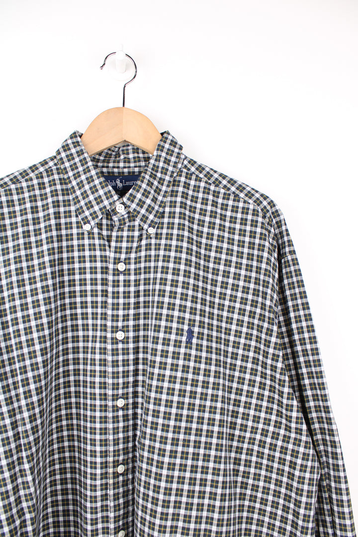 Ralph Lauren khaki green and blue large plaid button up shirt with embroidered logo on the chest pocket