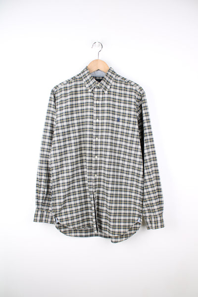 Ralph Lauren green, white and blue plaid button up shirt with embroidered logo on the chest