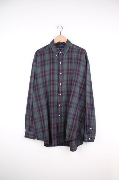 Ralph Lauren blue button up plaid shirt with signature embroidered logo on the chest.