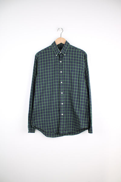 Ralph Lauren navy blue and green button up plaid shirt with signature embroidered logo on the chest