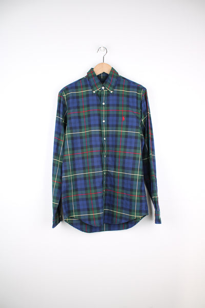 Ralph Lauren blue and green, slim fit button up plaid shirt with signature embroidered logo on the chest