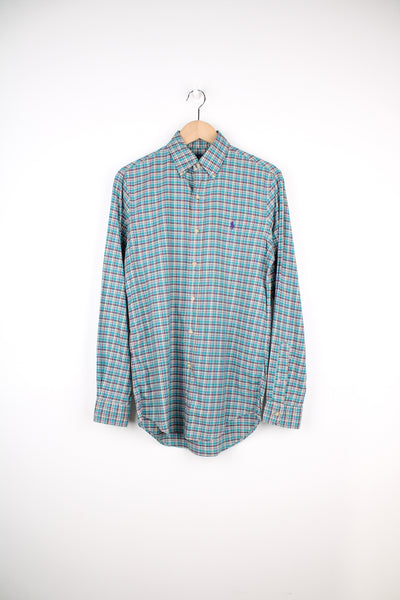 Ralph Lauren teal blue, button up plaid shirt with signature embroidered logo on the chest