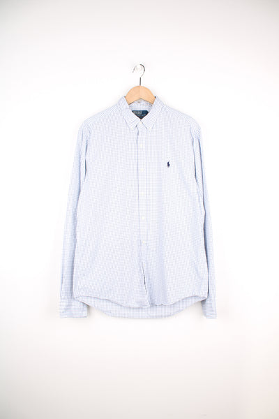 Ralph Lauren blue and white gingham, slim fit button up cotton shirt with signature embroidered logo on the chest 