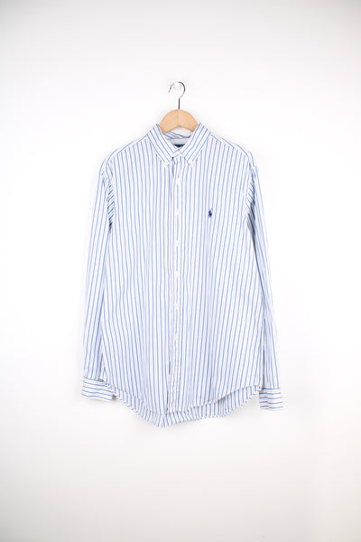 Ralph Lauren blue and white striped button up cotton shirt with signature embroidered logo on the chest 