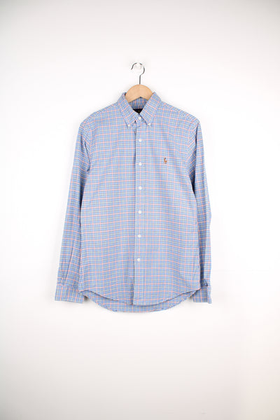 Ralph Lauren blue and white plaid, slim fit button up cotton shirt with signature embroidered logo on the chest 