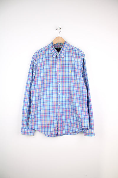 Ralph Lauren blue, yellow and white plaid, slim fit button up cotton shirt with signature embroidered logo on the chest