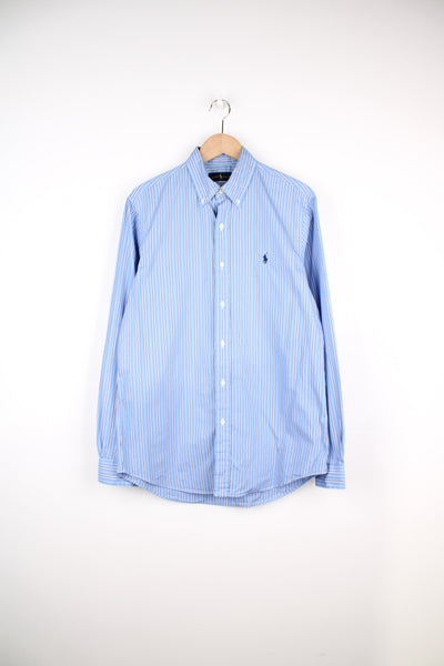 Ralph Lauren blue striped button up cotton shirt with signature embroidered logo on the chest