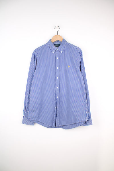 Ralph Lauren blue with white stripes button up cotton shirt with signature embroidered logo on the chest
