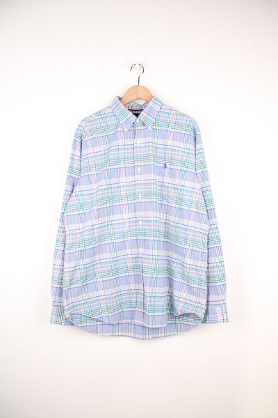 Ralph Lauren blue, green and white plaid, button up cotton shirt with signature embroidered logo on the chest