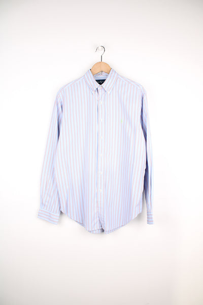 Ralph Lauren blue and peach striped button up cotton shirt with signature embroidered logo on the chest