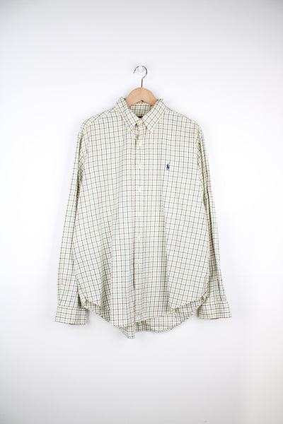 Ralph Lauren tan, green and brown plaid button up shirt with embroidered logo on the chest