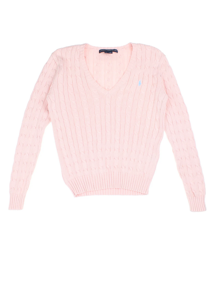 Ralph Lauren Cable Knit Jumper in a pink colourway with a V neck collar and embroidered logo on front.