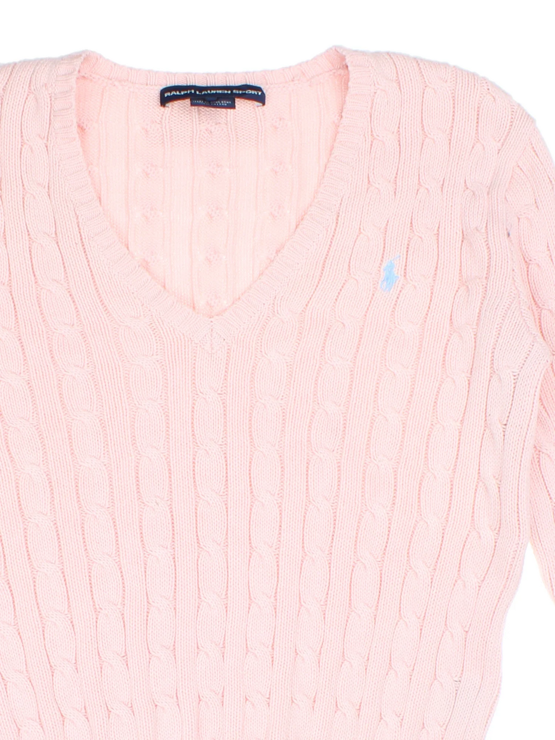 Ralph Lauren Cable Knit Jumper in a pink colourway with a V neck collar and embroidered logo on front.