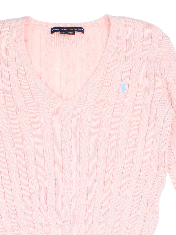 Ralph Lauren Cable Knit Jumper in a pink colourway with a V neck collar and embroidered logo on front.