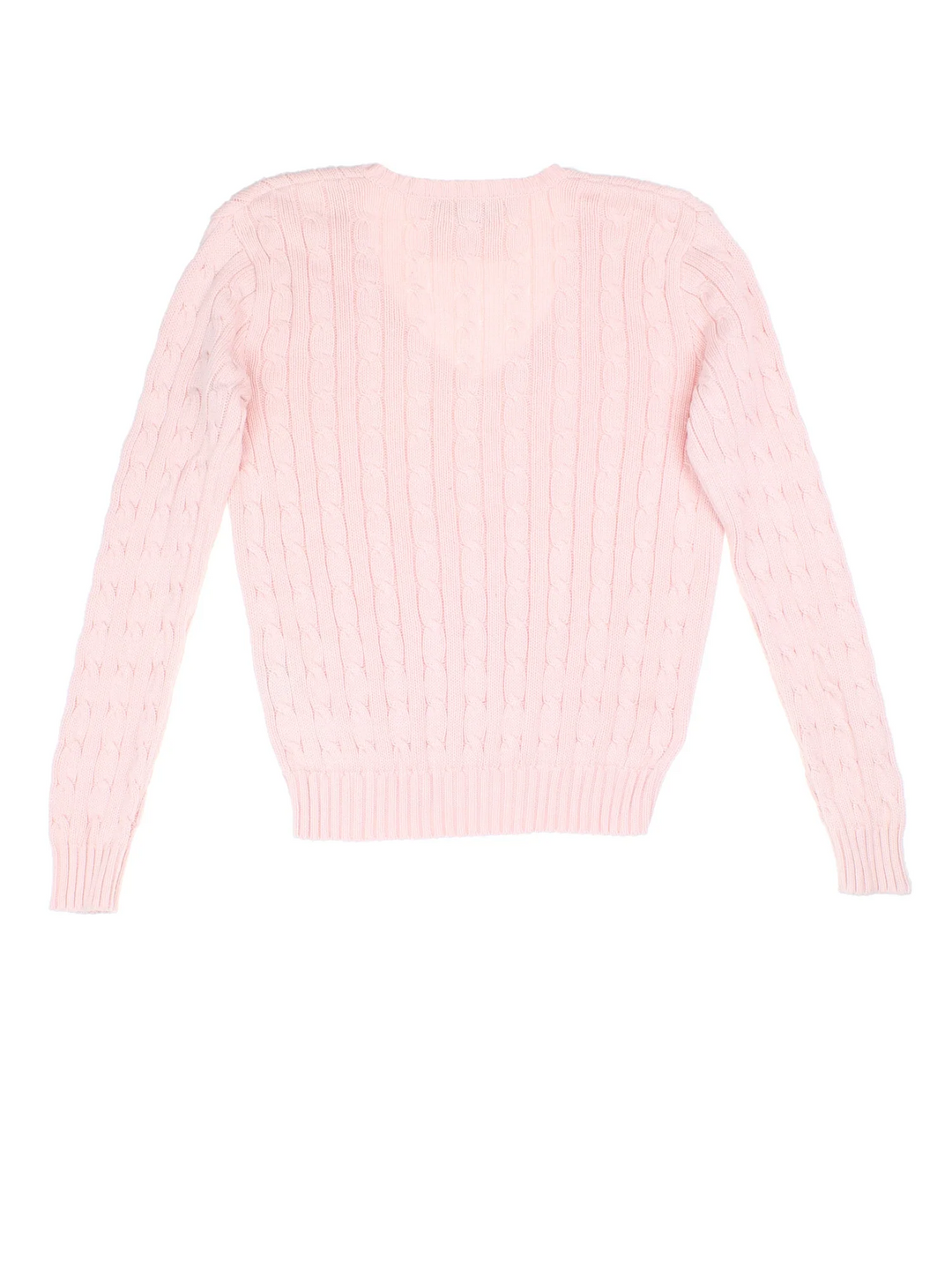 Ralph Lauren Cable Knit Jumper in a pink colourway with a V neck collar and embroidered logo on front.