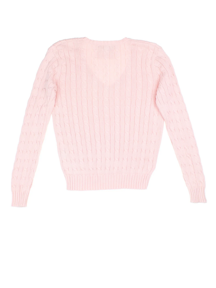 Ralph Lauren Cable Knit Jumper in a pink colourway with a V neck collar and embroidered logo on front.