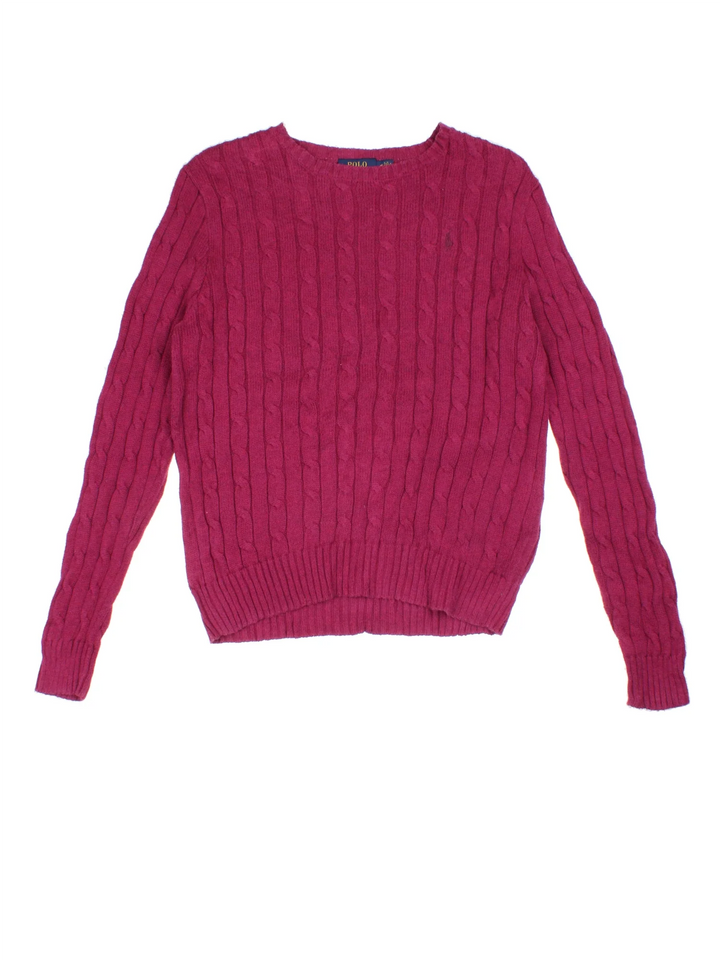Ralph Lauren Cable Knit Jumper in a purple colourway with embroidered logo on the front.