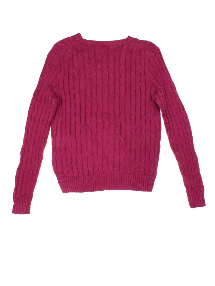 Ralph Lauren Cable Knit Jumper in a purple colourway with embroidered logo on the front.