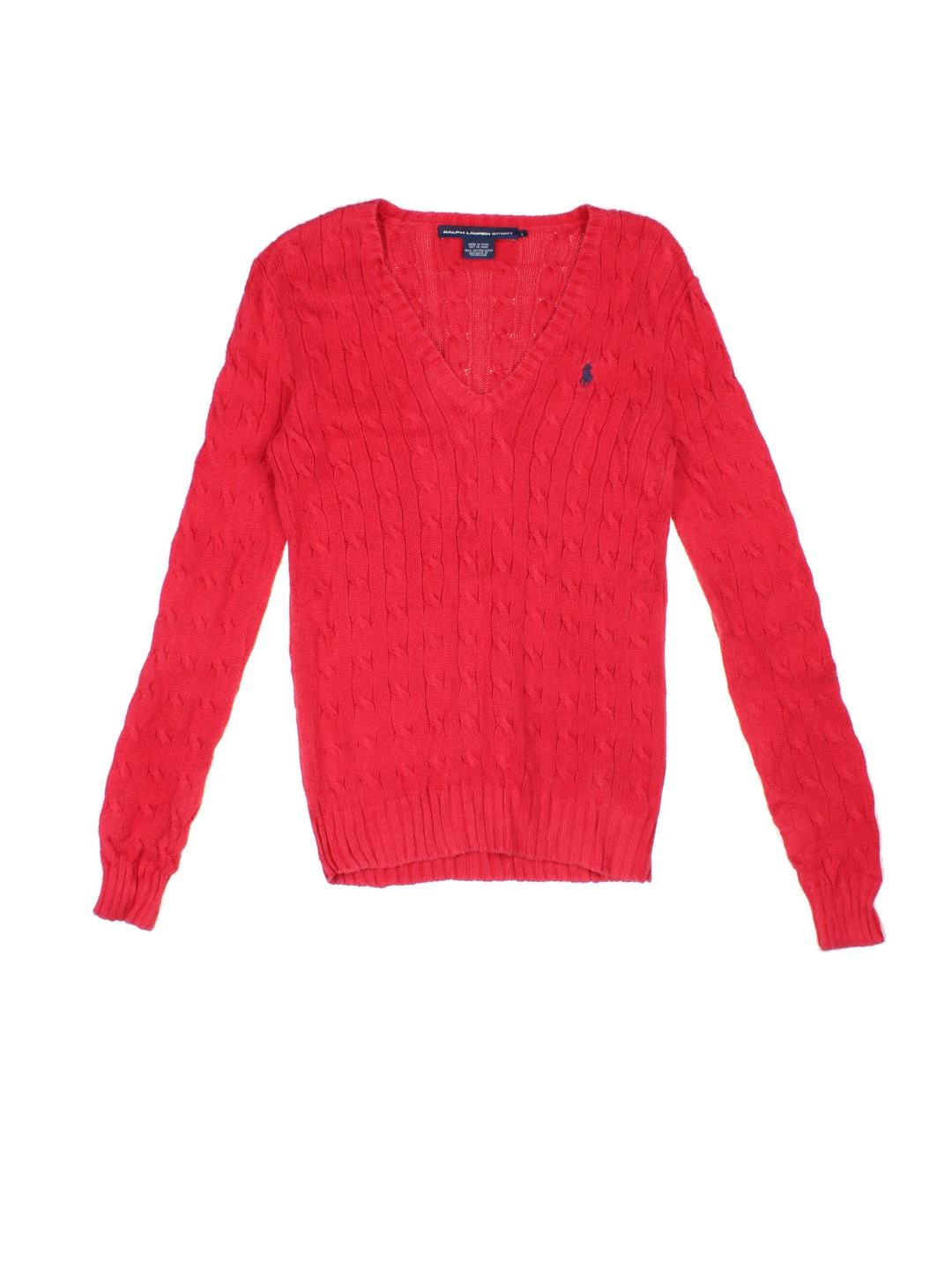 Ralph Lauren Cable Knit Jumper in a red colourway with a V neck collar and embroidered logo on front.