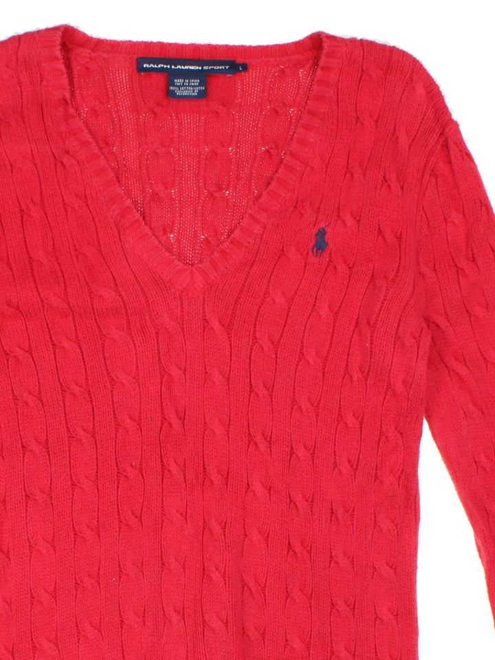 Ralph Lauren Cable Knit Jumper in a red colourway with a V neck collar and embroidered logo on front.