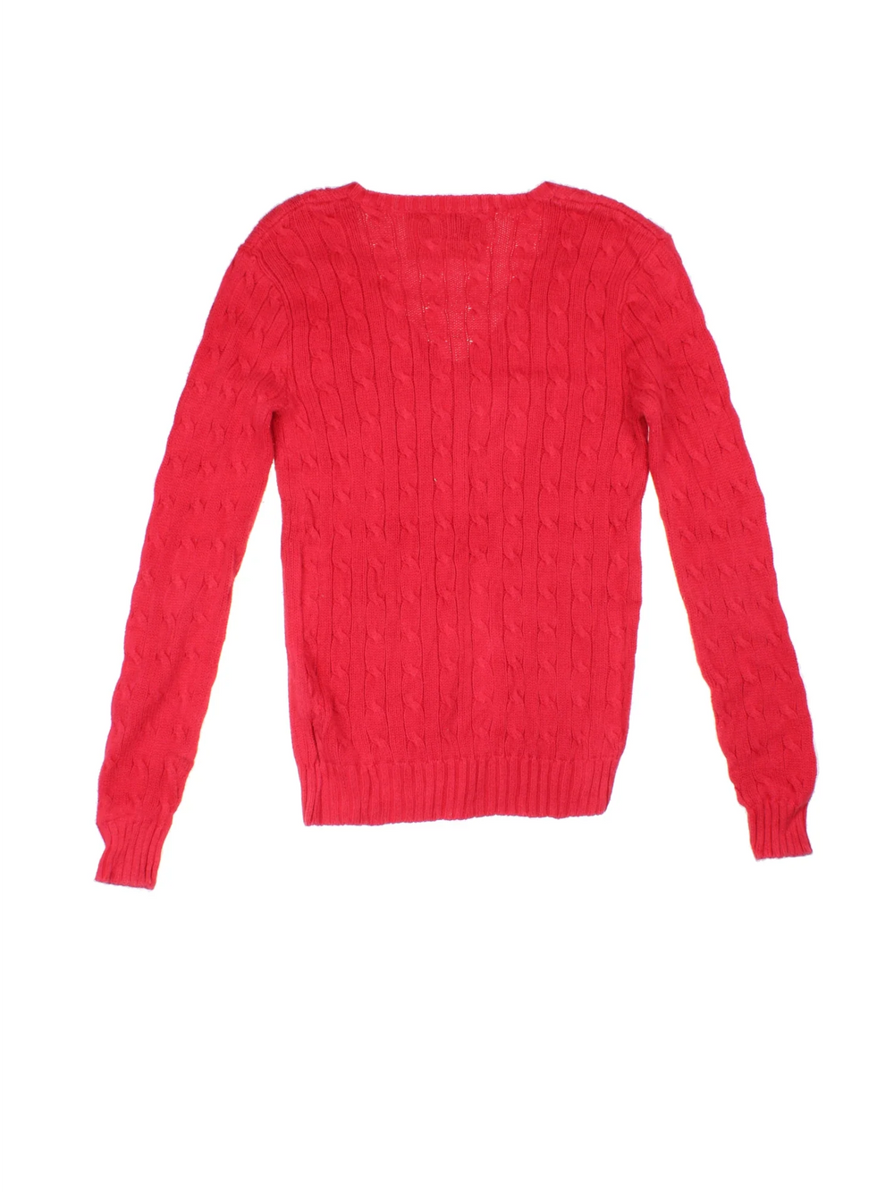 Ralph Lauren Cable Knit Jumper in a red colourway with a V neck collar and embroidered logo on front.