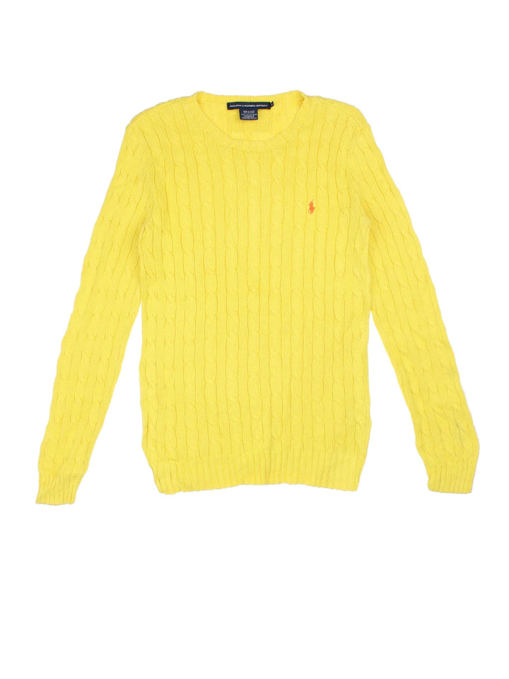 Ralph Lauren Cable Knit Jumper in a yellow colourway with embroidered logo on the front.