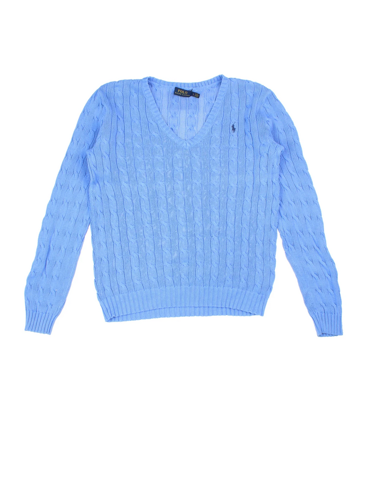 Ralph Lauren Cable Knit Jumper in a blue colourway with a V neck collar and embroidered logo on front.