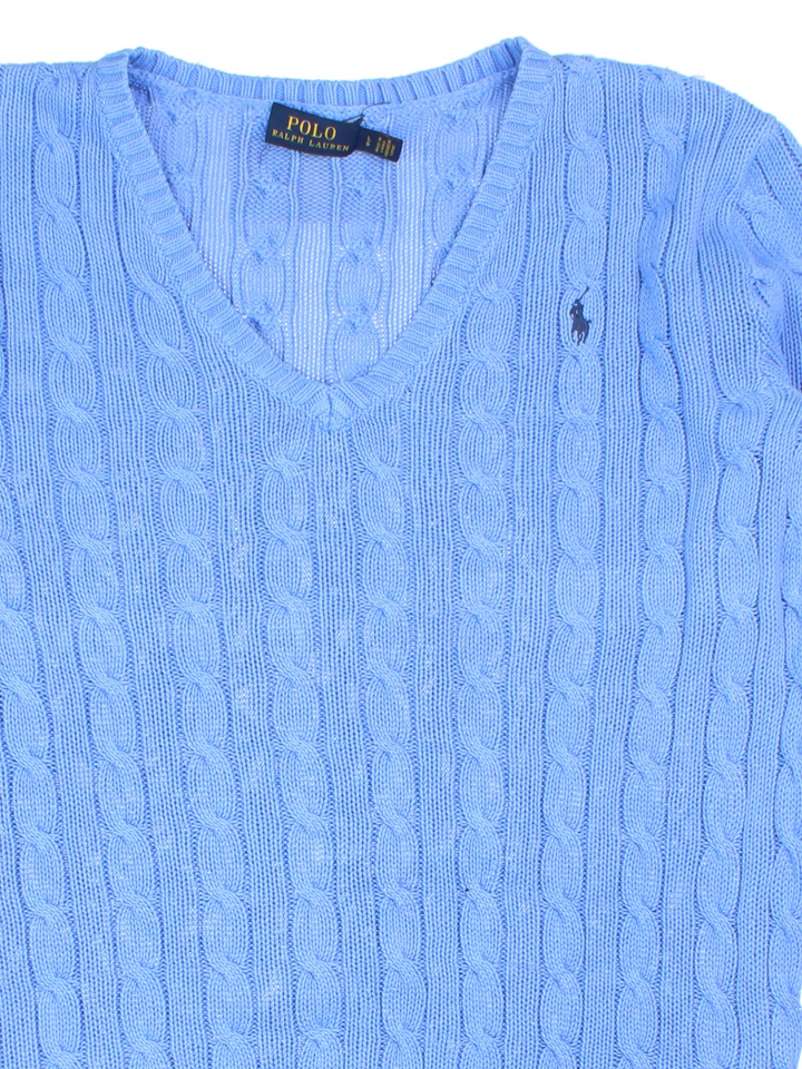Ralph Lauren Cable Knit Jumper in a blue colourway with a V neck collar and embroidered logo on front.