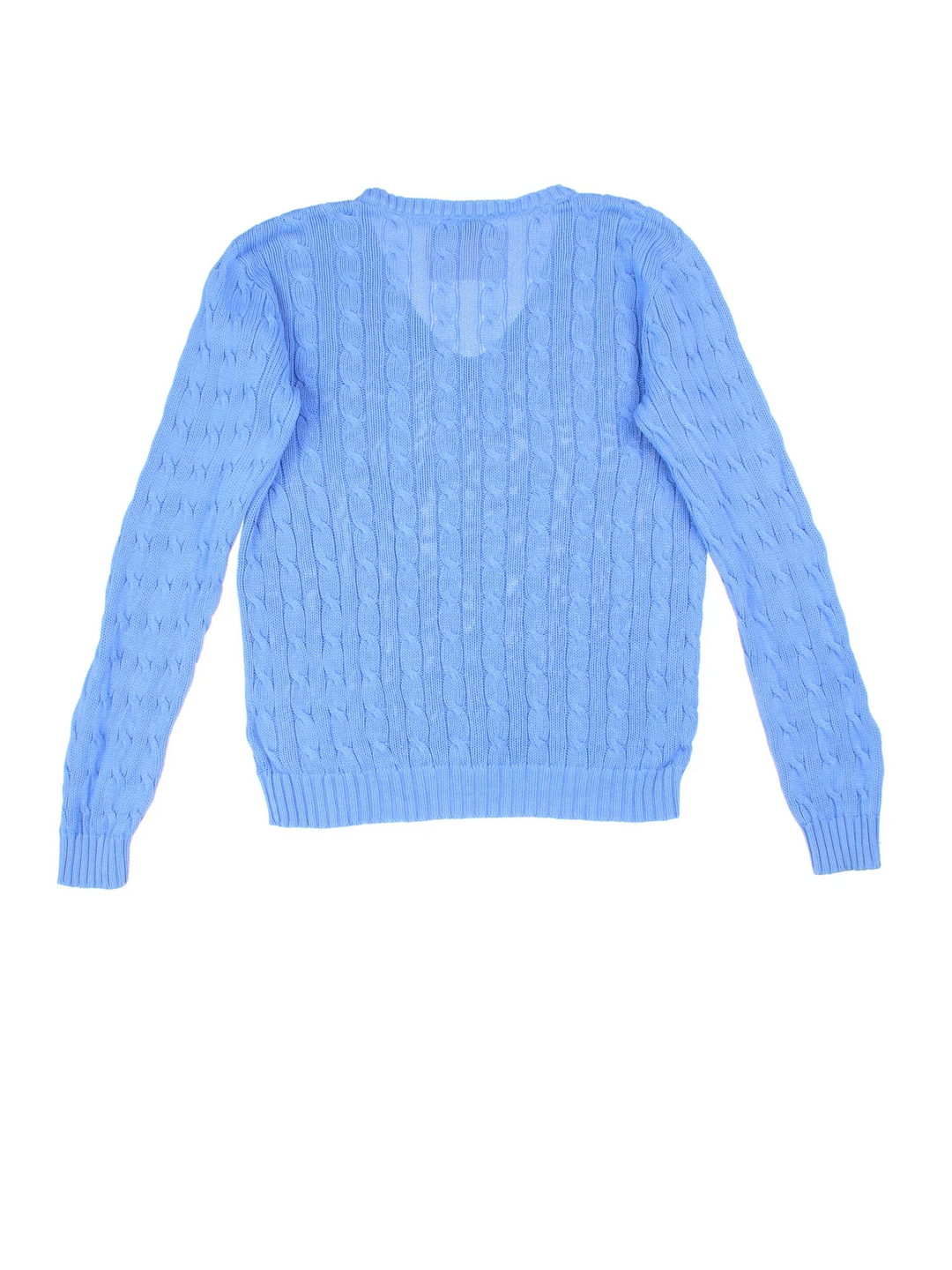 Ralph Lauren Cable Knit Jumper in a blue colourway with a V neck collar and embroidered logo on front.