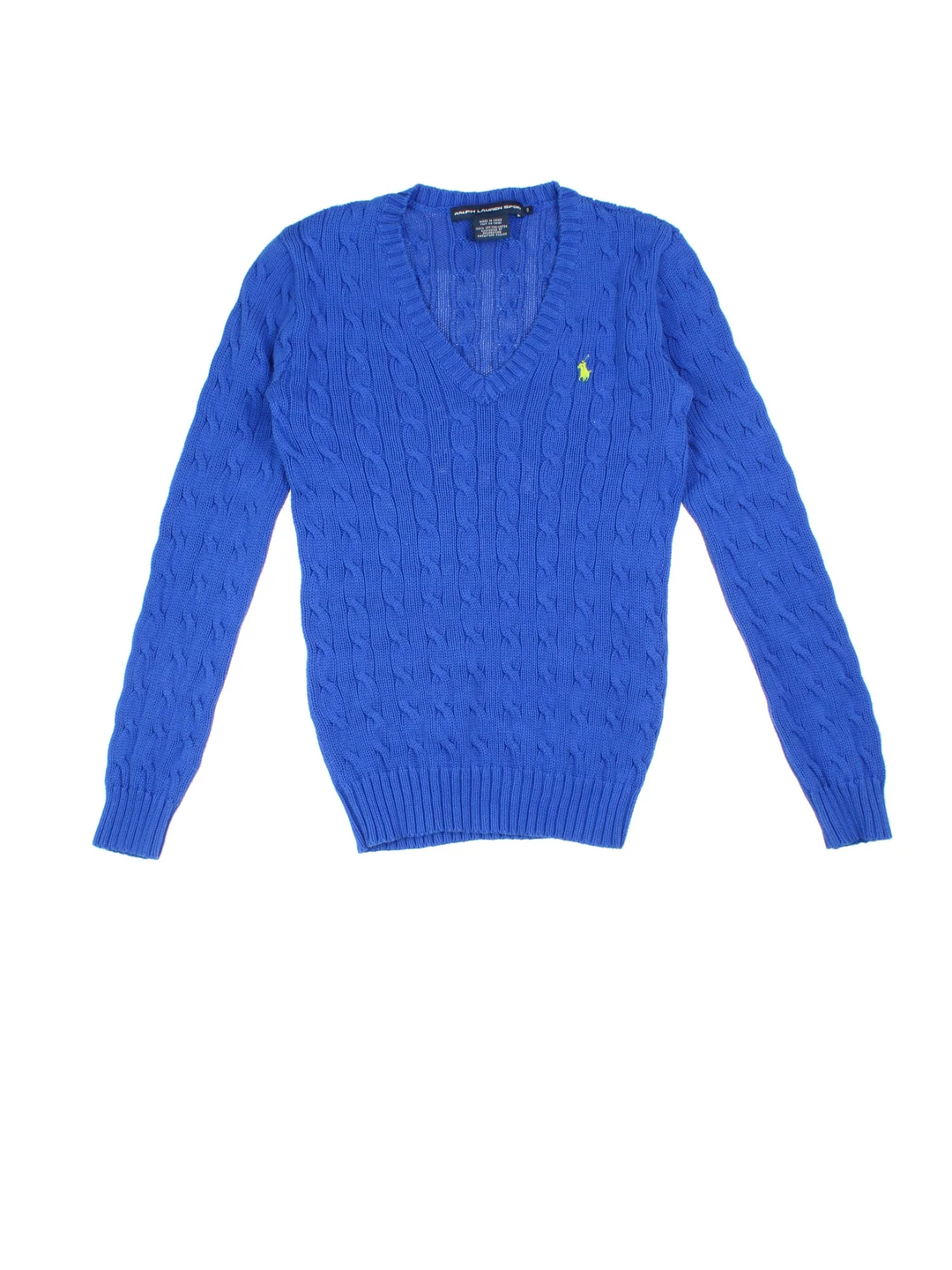 Ralph Lauren Cable Knit Jumper in a blue colourway with a V neck collar and embroidered logo on front.