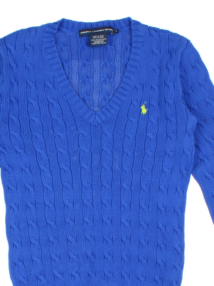Ralph Lauren Cable Knit Jumper in a blue colourway with a V neck collar and embroidered logo on front.