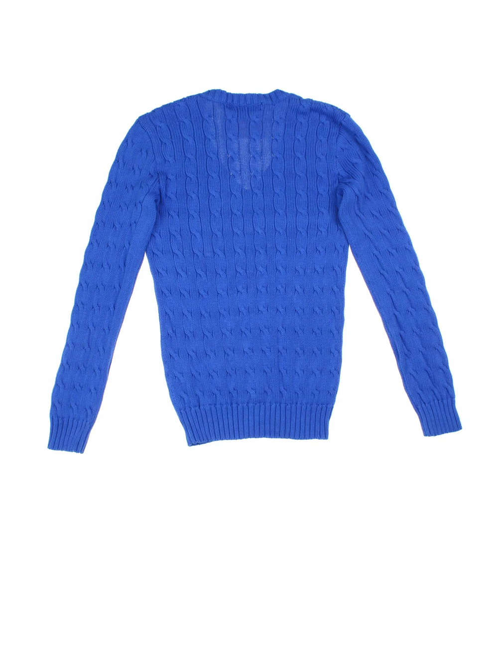 Ralph Lauren Cable Knit Jumper in a blue colourway with a V neck collar and embroidered logo on front.