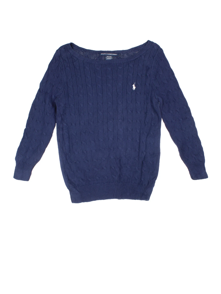 Ralph Lauren Cable Knit Jumper in a blue colourway with a big collar and embroidered logo on front.