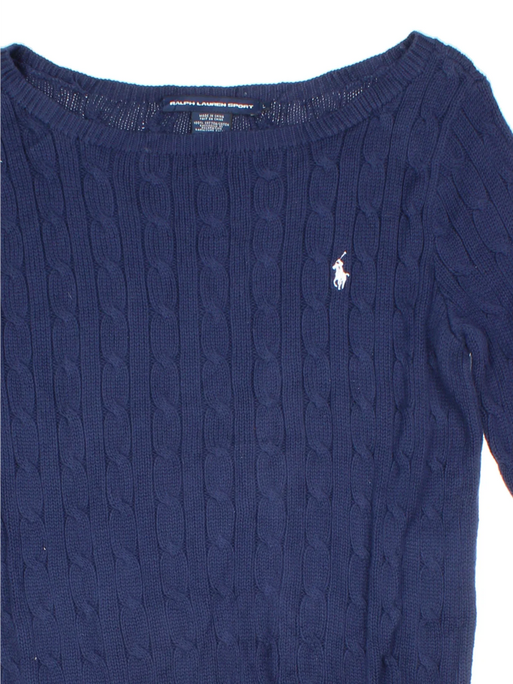 Ralph Lauren Cable Knit Jumper in a blue colourway with a big collar and embroidered logo on front.